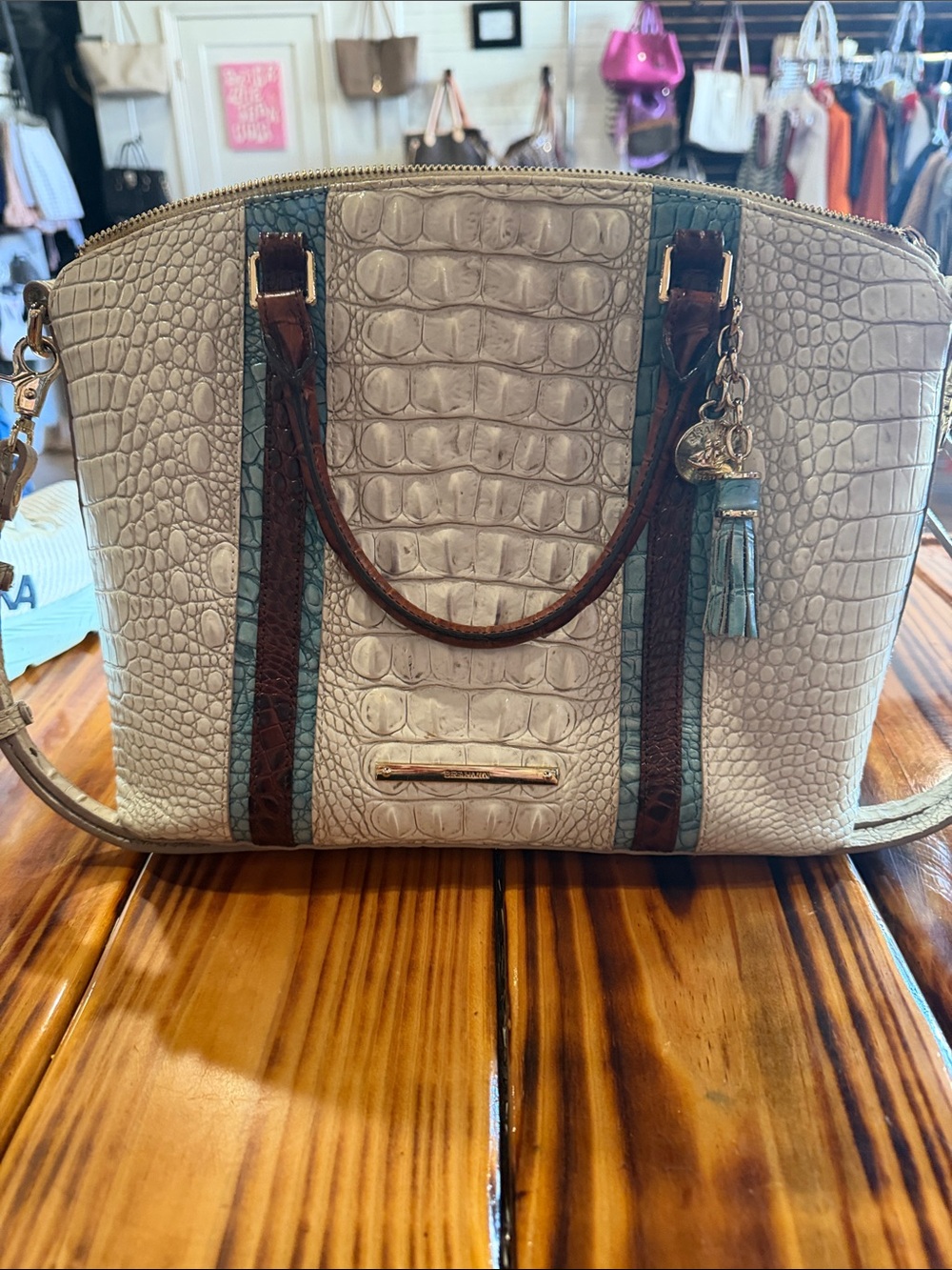 Brahmin White Croc-Embossed Satchel with Teal & Brown Stripes